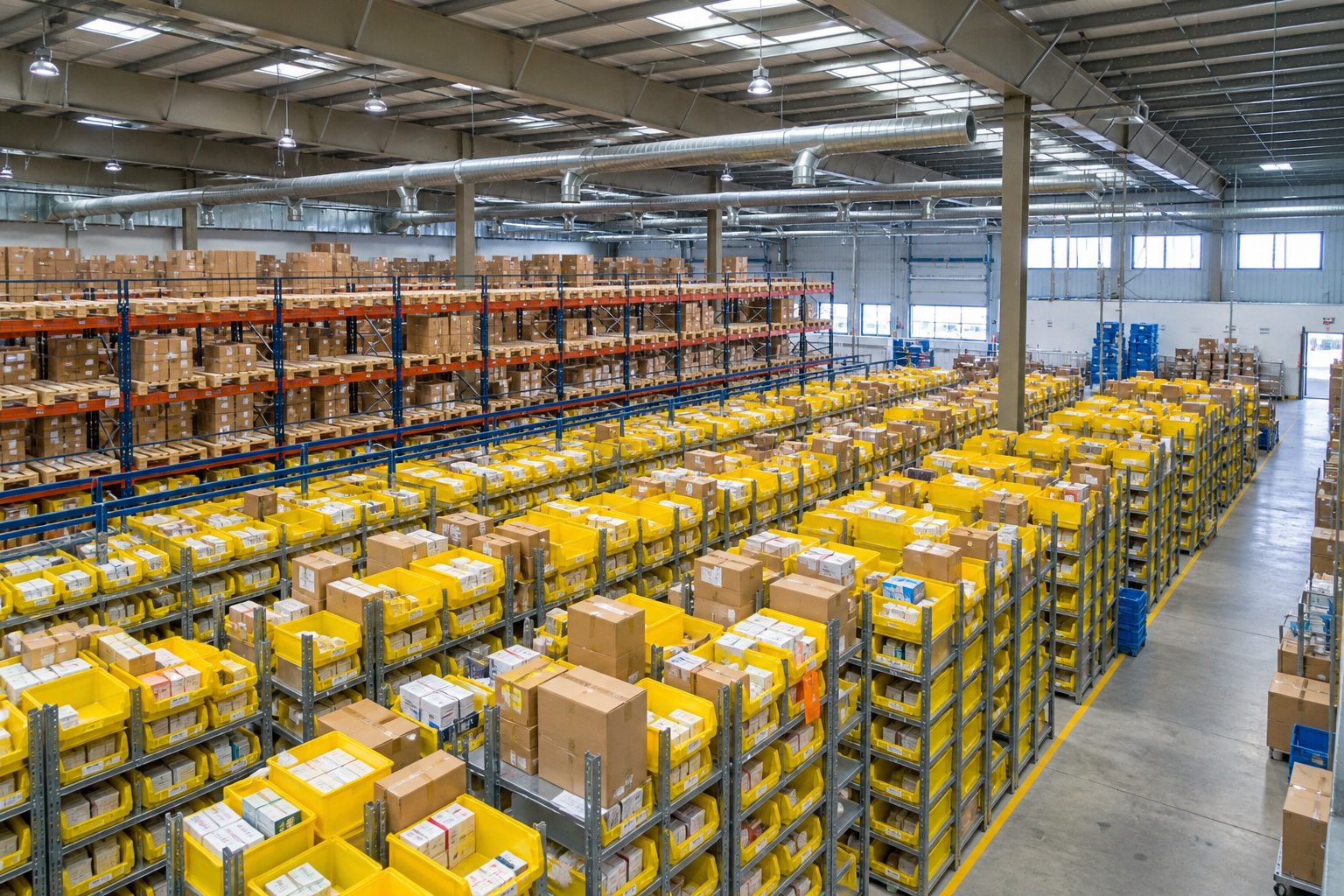Rows of yellow parts bins in a spare parts warehouse