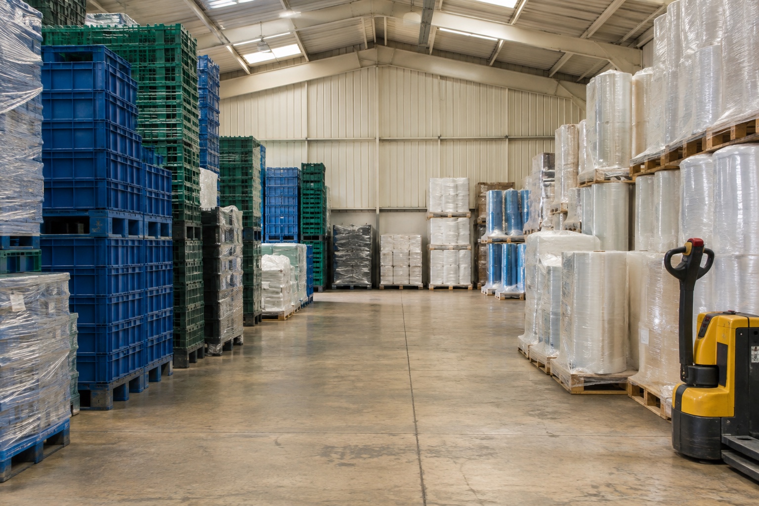 A warehouse aisle stacked with crates and wrapped packaging rolls
