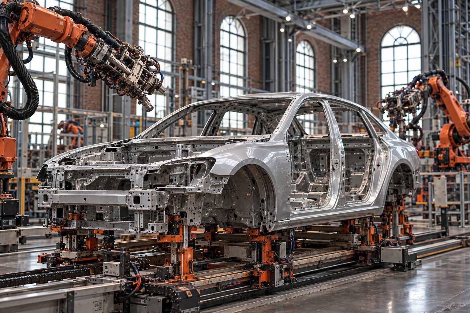 A car body on an assembly line between robot arms
